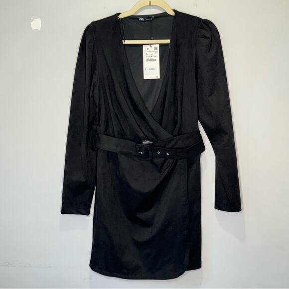 NWT Zara Blogger Favorite Faux Suede V-neck Long Sleeve Belted Mini Dress Large - Picture 2 of 14